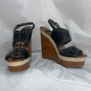 JESSICA Simpson Geno Cork look Platform Wedge Leather Studded Buckle Size 10B